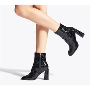 Kurt Geiger "Timber" Heeled Boots Glossy Black Vegan Embossed Croc, Sz 41, US 10